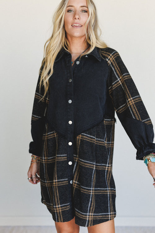 Beau Plaid Button Front Dress - Black - Pre Order