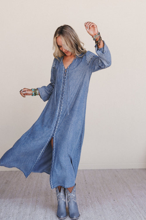 Bluegrass Button Embroidered Maxi Dress - Light Wash - Pre Order