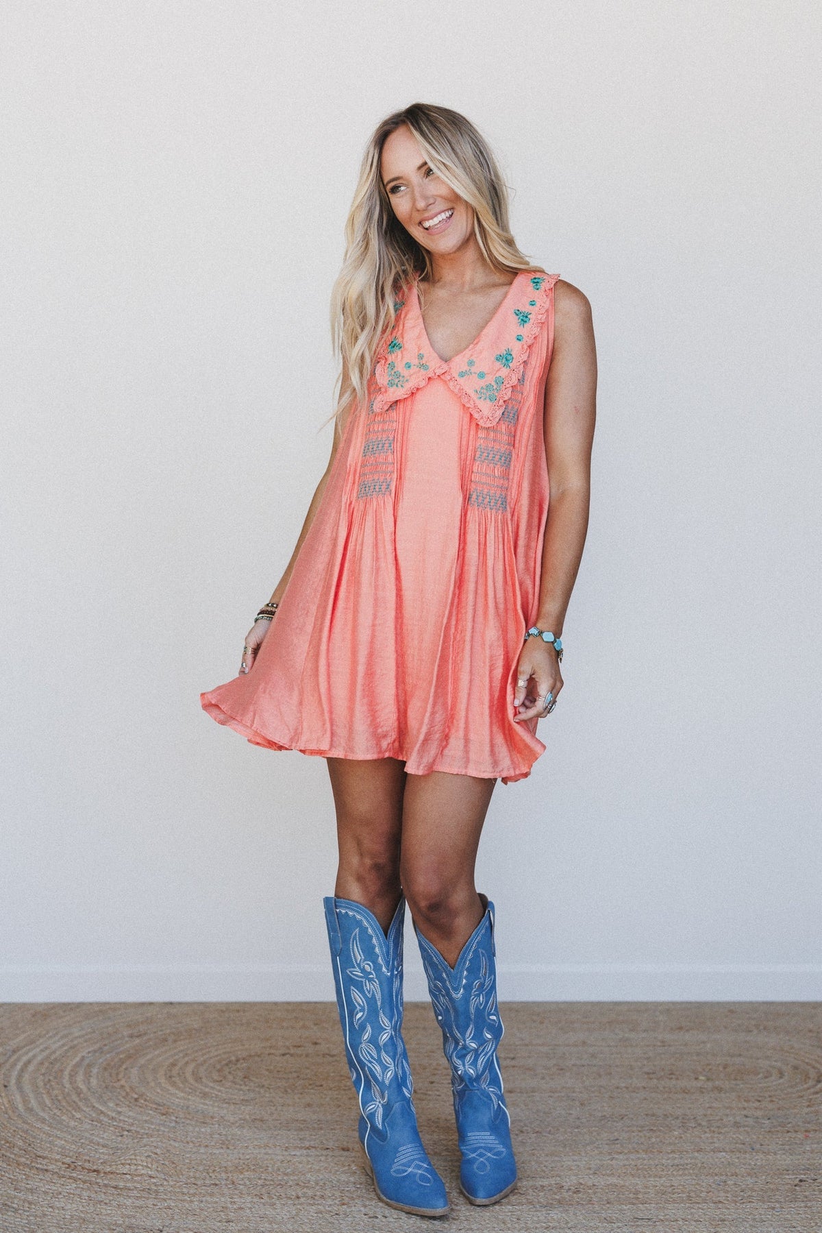 Lyona Embroidered Dress - Coral