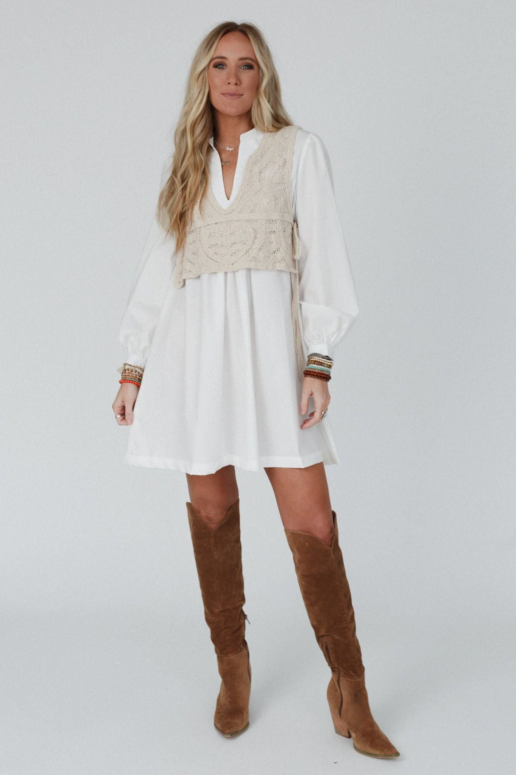 Sweet Edge Crochet Vest Tunic Dress - White - Pre Order